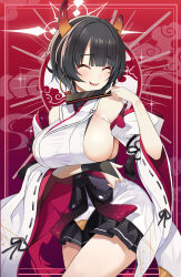 Rule 34 | 1girl, absurdres, arm under breasts, black hair, black skirt, blue archive, blush, breasts, bridal gauntlets, closed eyes, detached sleeves, earrings, folding fan, halo, hand fan, highres, hoop earrings, japanese clothes, jewelry, kimono, large breasts, miniskirt, mole, mole under eye, niya (blue archive), open mouth, sash, short hair, sideboob, skirt, sleeveless, sleeveless kimono, smile, solo, sylph kim, tassel, thighs, white kimono, wide sleeves