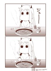 Rule 34 | (o) (o), abyssal ship, comic, commentary, cosplay, glass, highres, horns, kantai collection, long hair, mittens, monochrome, moomin, muppo, northern ocean hime (cosplay), northern ocean princess, sazanami konami, silent comic, simple background, twitter username, yakiniku