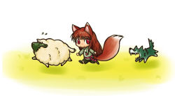 Rule 34 | 00s, animal, animal ears, artist request, brown hair, chasing, chibi, dog, holo, long hair, red eyes, running, sheep, solo, spice and wolf, tail, wolf, wolf ears, wolf tail