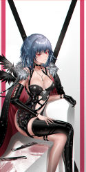 Rule 34 | 1girl, absurdres, axylon, barefoot, black cape, black dress, black footwear, black gloves, black sleeves, blood, bloody knife, boots, breasts, cape, cleavage, closed mouth, couch, crossed legs, dress, earrings, gloves, greyscale, highres, honkai (series), honkai impact 3rd, jewelry, knife, looking at viewer, monochrome, necklace, purple eyes, raven (honkai impact), short hair, single earring, single glove, single sleeve, single thigh boot, sitting, sleeveless, sleeveless dress, smile, solo, thigh boots