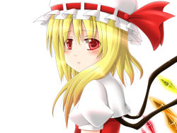 Rule 34 | 1girl, blonde hair, blouse, dotera, embodiment of scarlet devil, female focus, flandre scarlet, from side, hair between eyes, hanazome dotera, hat, red eyes, shirt, side ponytail, solo, touhou, white hat, white shirt, wings