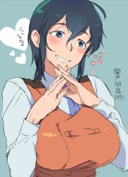 Rule 34 | 1girl, black hair, blue eyes, breasts, character request, horihone saizou, large breasts, looking at viewer, necktie, short hair, simple background, smile, solo, uniform, yukataro