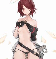 Rule 34 | 1girl, arknights, bare shoulders, belt, between legs, black belt, black gloves, black jacket, black panties, blush, breasts, closed mouth, clothes lift, collarbone, cowboy shot, detached wings, exusiai (arknights), fingerless gloves, gloves, gluteal fold, groin, gun, hair over one eye, halo, hand between legs, head tilt, highres, jacket, light smile, looking at viewer, machine gun, medium breasts, mikozin, narrow waist, navel, off shoulder, panties, parted bangs, partially undressed, penguin logistics logo, red eyes, red hair, shirt lift, short hair, side-tie panties, simple background, smile, solo, stomach, strap, thighs, underboob, underwear, weapon, white background, wings