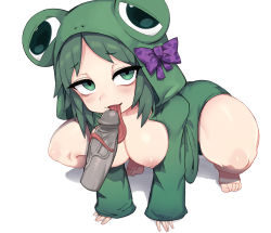 Rule 34 | 1boy, 1girl, absurdres, all fours, animal hood, bad id, bad pixiv id, black souls, bow, breasts, collarbone, disembodied penis, empty eyes, fellatio, frog hood, frog princess (black souls), green eyes, green hair, green jacket, hetero, highres, hood, hood up, hooded jacket, jacket, long sleeves, long tongue, medium breasts, medium hair, naked jacket, nipples, nyong nyong, open clothes, open jacket, oral, penis, purple bow, shadow, simple background, sleeves past wrists, tongue, tonguejob, uncensored, veins, veiny penis, white background