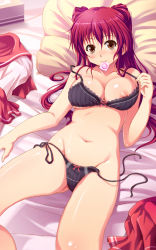 Rule 34 | 1girl, bra, breasts, brown eyes, condom, condom in mouth, groin, kousaka tamaki, large breasts, long hair, lying, mouth hold, navel, nipples, on back, panties, red hair, shian (my lonly life.), side-tie panties, smile, solo, to heart, to heart (series), to heart 2, underwear, underwear only, untied