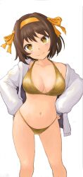 Rule 34 | 1girl, bikini, blush, breasts, brown hair, cleavage, closed mouth, collarbone, commentary request, cowboy shot, gold bikini, gyupolo9, hair ribbon, halterneck, hands on own hips, head tilt, highres, jacket, large breasts, long sleeves, looking at viewer, medium hair, navel, open clothes, open jacket, ribbon, simple background, smile, solo, standing, string bikini, suzumiya haruhi, suzumiya haruhi no yuuutsu, swimsuit, white background, white jacket, yellow ribbon