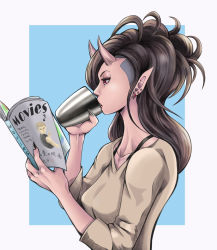 Rule 34 | 1girl, black nails, book, bra strap, breasts, brown hair, coffee mug, commentary request, cup, drinking, ear piercing, earrings, fingernails, from side, highres, horns, jewelry, long hair, long sleeves, medium breasts, mug, nail polish, oni, oni horns, oni nee-san (to-ru), open book, original, piercing, reading, red eyes, sharp fingernails, solo, to-ru, undercut