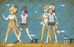 Rule 34 | 10s, 4girls, african wild dog (kemono friends), animal ears, anklet, bangle, bare shoulders, bear ears, paw stick, beige hair, beige shirt, bike shorts, black bow, black bowtie, black eyes, black gloves, black hair, black shorts, black skirt, blonde hair, blue background, boots, bow, bowtie, bracelet, breasts, brown bear (kemono friends), brown footwear, circlet, clenched hand, clenched hands, closed mouth, collared shirt, commentary request, crack, dog ears, dog tail, egyptian art, elbow gloves, fingerless gloves, from side, full body, gloves, golden snub-nosed monkey (kemono friends), high-waist skirt, high ponytail, highres, holding, holding staff, holding weapon, jewelry, kemono friends, kita (7kita), legs apart, leotard, long hair, long sleeves, lucky beast (kemono friends), medium breasts, microskirt, monkey ears, monkey tail, multicolored hair, multiple girls, orange footwear, pantyhose, pleated skirt, profile, serval (kemono friends), serval print, serval tail, shirt, shoes, short hair, short sleeves, shorts, skirt, sleeveless, sleeveless shirt, staff, standing, striped tail, tail, thighhighs, two-tone hair, weapon, white footwear, white hair, white shirt, wing collar, yellow gloves, yellow legwear