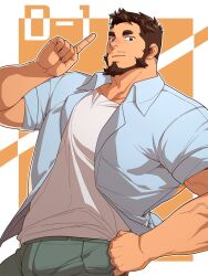 Rule 34 | 1boy, bara, beard, closed mouth, collared shirt, facial hair, grey pants, highres, large pectorals, looking at viewer, male focus, muscular, muscular male, official art, oji-mama (skskdan), open clothes, open shirt, pants, pectorals, shirt, short hair, simple background, sisimaru hoshiura, solo, tank top, ttn (239 239), white tank top