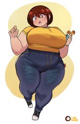 Rule 34 | 1girl, breasts, brown eyes, brown hair, cellphone, denim, ear piercing, highres, huge breasts, jeans, lightsource, looking at viewer, open mouth, pants, phone, piercing, plump, purin (lightsource), shoes, short hair, sneakers, solo, thick eyebrows, thick thighs, thighs, wide hips