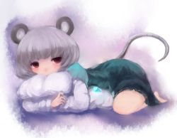 Rule 34 | 1girl, animal ears, bad id, bad pixiv id, barefoot, covering own mouth, dress, full body, gradient background, grey hair, hugging object, jewelry, long sleeves, looking at viewer, lying, maccha cocoa, maccha cocoa (mococo), mouse ears, mouse tail, nazrin, on stomach, pendant, pillow, pillow hug, purple background, red eyes, short hair, simple background, solo, tail, touhou