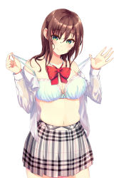 Rule 34 | 1girl, blush, bow, bowtie, bra, bra pull, breasts, brown hair, cleavage, clothes pull, dress shirt, green eyes, highres, kyona (konakona), large breasts, long hair, long sleeves, midriff, muffin top, navel, open clothes, open shirt, original, pleated skirt, school uniform, shirt, simple background, skirt, solo, underwear, undressing