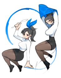 Rule 34 | 1girl, absurdres, arms up, black footwear, black pantyhose, black skirt, blue jacket, breasts, from side, full body, grey hair, hair bun, hanmaeeki, high ponytail, highres, jacket, large breasts, looking at viewer, medium breasts, multiple views, office lady, original, pantyhose, parted lips, pencil skirt, shirt, simple background, skirt, undressing, white background, white shirt
