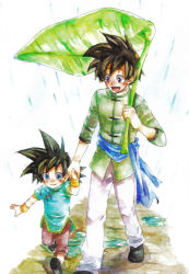 Rule 34 | 2boys, :d, ake (ake54), black hair, blue eyes, brothers, chinese clothes, dragon ball, dragonball z, happy, holding hands, leaf, looking at another, looking away, male focus, multiple boys, open mouth, rain, short hair, siblings, simple background, smile, son gohan, son goten, spiked hair, traditional media, walking, watercolor pencil (medium), white background, wristband