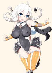 Rule 34 | 1girl, absurdres, black jacket, blue eyes, bodysuit, braid, breasts, covered erect nipples, covered navel, danpu, gloves, highres, impossible clothes, impossible leotard, jacket, kizuna akari, large breasts, leotard, looking at viewer, orange gloves, orange thighhighs, shiny clothes, silver hair, skin tight, smile, solo, striped clothes, striped thighhighs, taimanin (series), taimanin suit, thighhighs, twin braids, vertical-striped clothes, vertical-striped thighhighs, vocaloid, voiceroid