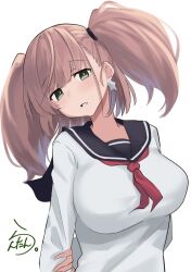 Rule 34 | 1girl, absurdres, alternate costume, arms behind back, artist logo, artist name, atlanta (kancolle), black sailor collar, breasts, brown hair, earrings, grey eyes, highres, jewelry, kantai collection, lanthan, large breasts, long hair, neckerchief, one-hour drawing challenge, red neckerchief, sailor collar, school uniform, serafuku, simple background, solo, star (symbol), star earrings, two side up, upper body, white background