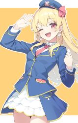 Rule 34 | 1girl, ;d, aikatsu!, aikatsu! (series), blonde hair, blue hat, blue jacket, blue skirt, collar, commentary, earrings, flower earrings, hand up, hat, highres, holding, holding whistle, hoshimiya ichigo, jacket, jewelry, lapels, layered skirt, long hair, long sleeves, looking at viewer, necktie, nokita (pinmisil), notched lapels, official alternate costume, one eye closed, open mouth, outline, peaked cap, red eyes, red necktie, salute, shirt, simple background, skirt, smile, solo, standing, uniform, whistle, white outline, white shirt, white skirt, yellow background