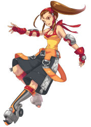 Rule 34 | 1girl, berserker (wild arms xf), boots, breasts, brown eyes, brown hair, buckle, cleavage, elbow pads, fingerless gloves, full body, gloves, highres, knee boots, long hair, official art, roller skates, sasaki tomomi, shirt, shorts, side ponytail, skates, sleeveless, sleeveless shirt, solo, white background, wild arms, wild arms xf
