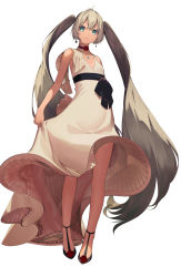 Rule 34 | 1girl, aqua eyes, aqua hair, bare shoulders, black sash, chinese commentary, closed mouth, collar, dress, earrings, flower, flower collar, from below, full body, hatsune miku, highres, holding clothes, holding skirt, jewelry, layered skirt, light smile, long hair, looking at viewer, necklace, pleated dress, pleated skirt, red flower, red rose, rose, sash, shoe flower, skirt, solo, twintails, very long hair, vocaloid, waist sash, white background, white dress, yaoku
