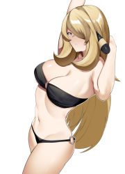 Rule 34 | 1girl, alternate costume, arm behind head, arms up, bikini, black bikini, blush, breasts, cleavage, cowboy shot, creatures (company), cynthia (pokemon), from side, game freak, grey eyes, hair ornament, hair over one eye, highres, large breasts, long hair, looking at viewer, looking to the side, navel, nintendo, o-ring, o-ring bikini, parted lips, pokemon, pokemon dppt, sidelocks, simple background, solo, stomach, strapless, strapless bikini, swimsuit, white background, yuuyuu (yuuki1771)