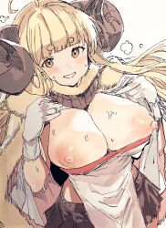 Rule 34 | 1girl, ahoge, anila (granblue fantasy), blonde hair, blunt bangs, blush, breasts, breasts out, brown eyes, brown skirt, cape, draph, gloves, gorirago, granblue fantasy, highres, horns, large breasts, long hair, looking at viewer, nipples, sheep horns, short eyebrows, simple background, skirt, solo, sweat, very long hair, white background, white gloves