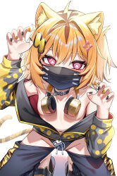 1girl absurdres ahoge animal_ear_fluff animal_ears aogiri_koukou bare_shoulders belt_collar black_footwear black_jacket black_mask black_nails black_pants blush breasts bu_leike claw_pose collar commentary glint hair_ornament hands_up headphones headphones_around_neck highres jacket lightning_ahoge long_sleeves looking_at_viewer mask medium_hair mouth_mask multicolored_nails navel off_shoulder open_clothes open_jacket orange_hair orange_nails pants paw-shaped_pupils pink_eyes sandals small_breasts solo squatting symbol-shaped_pupils tail tiger_ears tiger_girl tiger_tail urutora_garu virtual_youtuber