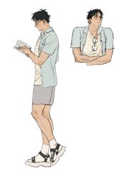 Rule 34 | 1boy, akaashi keiji, ankle socks, black hair, blue eyes, book, chengongzi123, cropped torso, full body, glasses, grey shorts, haikyuu!!, hands up, highres, holding, holding book, looking at object, looking to the side, male focus, multiple views, reading, sandals, shirt, short hair, shorts, simple background, socks, sports sandals, striped clothes, striped shirt, unworn eyewear, very short hair, walking, white background, white socks