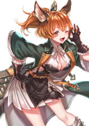 Rule 34 | 1girl, ;d, animal ears, black gloves, blush, breasts, brown hair, character request, cleavage, erune, gloves, granblue fantasy, green jacket, hair ornament, hand on own hip, highres, jacket, kneehighs, looking at viewer, medium breasts, one eye closed, open mouth, ponytail, red eyes, simple background, skirt, smile, socks, solo, standing, suzaku (zaku6584), white background, white skirt