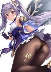 Rule 34 | 1girl, artist request, ass, bare shoulders, black panties, black pantyhose, blush, braid, breasts, cameltoe, cleft of venus, dress, embarrassed, from behind, from below, genshin impact, gloves, hair ornament, hairpin, highres, keqing (genshin impact), long hair, looking at viewer, panties, panties under pantyhose, pantyhose, purple eyes, purple hair, shiny clothes, short dress, simple background, skirt, solo, surprised, thighs, twintails, underwear, upskirt, very long hair, wavy mouth, white background