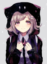 1girl backpack bag black_jacket blush brown_hair clenched_hands collared_shirt commentary_request danganronpa_(series) danganronpa_2:_goodbye_despair flipped_hair grey_background grey_shirt hair_ornament hands_up hood jacket looking_at_viewer momongapoketto nanami_chiaki neck_ribbon pentagram pink_eyes pink_hair pink_ribbon ribbon shirt short_hair sketch smile solo space_print star_(symbol) star_in_eye starry_sky_print symbol_in_eye upper_body