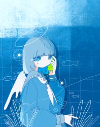 Rule 34 | 1girl, absurdres, anemone (flower), blue eyes, blue hair, blue sailor collar, blue serafuku, blue shirt, blue skirt, blue theme, colored inner hair, dot mouth, fish, flower, from side, grey hair, halo, highres, holding, holding phone, jitome, long bangs, long sleeves, looking at viewer, medium hair, multicolored hair, neckerchief, no pupils, original, phone, pleated skirt, puffy sleeves, sailor collar, school uniform, serafuku, shirt, sidelocks, skirt, solo, sparkle, sskitaco, tearing up, tile wall, tiles, upper body, white neckerchief, white wings, wings