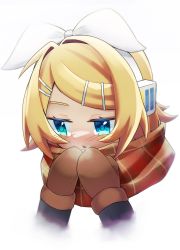 Rule 34 | 1girl, ataraii moyasi, blonde hair, blue eyes, bow, breathing on hands, brown mittens, commentary, cropped shoulders, hair bow, hair ornament, hairclip, half-closed eyes, headphones, highres, kagamine rin, light blush, mittens, plaid, plaid scarf, portrait, red scarf, scarf, short hair, solo, swept bangs, vocaloid, white background, white bow