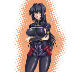 Rule 34 | 1girl, annerose vajra, black hair, breast hold, breasts, crossed arms, covered erect nipples, koutetsu no majo anneroze, large breasts, legs, open mouth, pointy ears, r-wade, resized, sideboob, solo, thighs