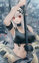 Rule 34 | 1girl, :o, absurdres, arknights, arm up, armband, armpits, black choker, black gloves, breasts, choker, cleavage, commentary request, crop top, gloves, highres, holding, holding weapon, horns, infection monitor (arknights), large breasts, long hair, looking at viewer, material growth, midriff, mudrock (arknights), mudrock (elite ii) (arknights), navel, open mouth, oripathy lesion (arknights), pointy ears, red eyes, sarashi, single glove, snow, solo, sports bra, stomach, upper body, weapon, welt (kinsei koutenkyoku), white hair