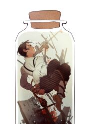 Rule 34 | 1boy, aged down, arms behind back, blood, bound, bound arms, bound legs, brown footwear, brown hair, brown pants, chengongzi123, child, closed eyes, corked bottle, dark-skinned male, dark skin, full body, golden kamuy, highres, koito otonoshin, long sleeves, male focus, pants, rope, shipwreck, shoes, short hair, simple background, submerged, suspenders, tied up (nonsexual), very short hair, water, white background