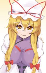 Rule 34 | 1girl, blonde hair, blush, bow, breasts, closed mouth, commentary request, dated, dress, hair between eyes, hair bow, hat, hat ribbon, highres, kei jiei, large breasts, long hair, long sleeves, looking at viewer, mob cap, one-hour drawing challenge, purple tabard, red bow, red ribbon, ribbon, sidelocks, smile, solo, tabard, touhou, upper body, white dress, white hat, yakumo yukari, yellow eyes