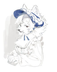 Rule 34 | 1girl, animal ear fluff, animal ears, arin (fanfan013), black eyes, blue hat, blue ribbon, center frills, colored eyelashes, cropped torso, dog ears, dog girl, dress, ears through headwear, floral print, frilled hat, frilled sleeves, frills, furry, furry female, hat, highres, long sleeves, looking at viewer, neck ribbon, original, own hands together, parted lips, puffy long sleeves, puffy sleeves, ribbon, simple background, sleeves past wrists, solo, square neckline, white background, white dress, white sleeves