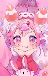 Rule 34 | 1girl, :3, ahoge, arm support, blush, closed mouth, commentary request, food, fruit, hair ornament, hands on own chin, highres, kuma daigorou, looking at viewer, lying, nijisanji, on stomach, pink eyes, pink hair, pink theme, purple eyes, short eyebrows, short hair, simple background, smile, solo, star (symbol), strawberry, stuffed animal, stuffed rabbit, stuffed toy, tongue, tongue out, ushimi ichigo, virtual youtuber