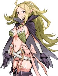 Rule 34 | 1girl, ahoge, blonde hair, blush, breasts, cape, circlet, female focus, fire emblem, fire emblem awakening, garter straps, ge-b, gebyy-terar, gloves, large breasts, lingerie, long hair, looking at viewer, navel, nintendo, nowi (fire emblem), aged up, open mouth, pointy ears, purple eyes, simple background, smile, solo, thighhighs, underwear, white background