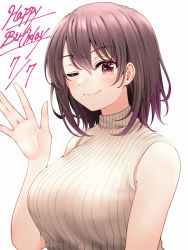 Rule 34 | 1girl, blush, breasts, brown hair, closed mouth, commentary request, gradient hair, hair between eyes, happy birthday, highres, large breasts, looking at viewer, multicolored hair, one eye closed, purple eyes, purple hair, red hayao, short hair, simple background, sleeveless, sleeveless turtleneck, smile, solo, turtleneck, upper body, waving, white background, yahari ore no seishun lovecome wa machigatteiru., yukinoshita haruno