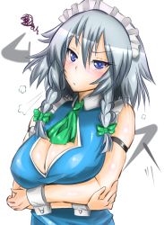 Rule 34 | 1girl, :t, alternate costume, annoyed, bare shoulders, blue eyes, blush, breast hold, breasts, cleavage, cleavage cutout, clothing cutout, hair between eyes, izayoi sakuya, large breasts, leotard, looking at viewer, looking up, maid, maid headdress, pout, shippu-fx, short hair, silver hair, solo, touhou, upper body, wrist cuffs