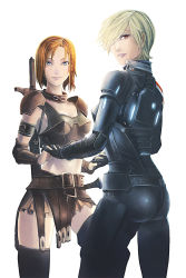 Rule 34 | 2girls, animification, armlet, armor, ass, belt, black legwear, blonde hair, blue eyes, braid, brown eyes, brown hair, collar, commander shepard, commander shepard (female), company connection, crossover, dragon age, dragon age: origins, garter straps, hair over one eye, holding hands, interlocked fingers, leliana (dragon age), looking back, mass effect (series), mass effect 1, midriff, miniskirt, multiple girls, parted lips, pteruges, red eyes, short hair, skirt, smile, sword, thighhighs, weapon, yana yana, yuri
