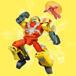 Rule 34 | 2022, airborne, artist name, autobot, blue eyes, clenched hands, full body, hot shot (transformers), jolt (transformers), mecha, no humans, open mouth, pandacron, robot, smile, transformers, transformers armada, watermark, yellow background
