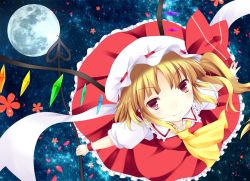 Rule 34 | 1girl, ajiriko, ascot, bad id, bad pixiv id, blonde hair, bow, dress, flandre scarlet, full moon, hat, hat bow, laevatein, looking at viewer, mob cap, moon, night, puffy short sleeves, puffy sleeves, red dress, red eyes, sash, shirt, short sleeves, side ponytail, sky, smile, solo, star (sky), starry sky, touhou, wrist cuffs