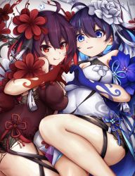 Rule 34 | 2girls, :d, absurdres, antenna hair, bare shoulders, blue eyes, blue gloves, blue hair, breasts, china dress, chinese clothes, cleavage, closed mouth, dress, dual persona, flower, gloves, hair between eyes, hair flower, hair ornament, heart, heart hands, highres, honkai (series), honkai impact 3rd, looking at viewer, mao de hei ying, multiple girls, open mouth, red dress, red eyes, red flower, red gloves, red hair, seele (alter ego), seele vollerei, seele vollerei (stygian nymph), smile, tongue, tongue out, white dress, white flower