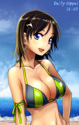 Rule 34 | 1girl, bail, beach, bikini, black hair, blue eyes, blush, breasts, cleavage, day, dolphin hair ornament, earrings, hair ornament, hairclip, jewelry, large breasts, looking at viewer, medium hair, navel, open mouth, original, smile, solo, swimsuit
