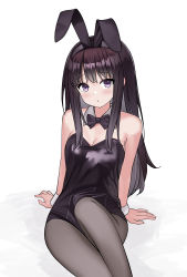 Rule 34 | 1girl, absurdres, animal ears, bare shoulders, black bow, black bowtie, black hair, black hairband, black leotard, blush, bow, bowtie, breasts, cleavage, commentary request, detached collar, fake animal ears, grey pantyhose, hairband, highres, inoue takina, leotard, long hair, looking at viewer, lycoris recoil, medium breasts, nagisa (cxcx5235), pantyhose, playboy bunny, purple eyes, rabbit ears, simple background, sitting, solo, white background, wristband