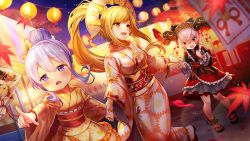 Rule 34 | 3girls, alternate costume, alternate hairstyle, blonde hair, filsy, holding hands, horns, japanese clothes, knees, lantern, leaf, long hair, mani (valkyrie connect), mogthrasir, multiple girls, official art, open mouth, pointing, ponytail, purple eyes, sandals, sol (valkyrie connect), sparkle, valkyrie connect
