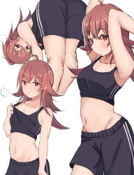 Rule 34 | 1girl, puff of air, absurdres, ahoge, armpits, arms up, ass, black shirt, black shorts, blush, breasts, cleavage, clothes pull, collarbone, crop top, cropped shirt, hair between eyes, hand up, highres, idolmaster, idolmaster shiny colors, kneepits, komiya kaho, leaning forward, long hair, looking at viewer, looking back, medium breasts, midriff, multiple views, navel, open mouth, red eyes, red hair, shirt, shorts, simple background, sleeveless, sleeveless shirt, smile, solo, sweatdrop, white background, yui081