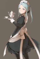 Rule 34 | 1girl, absurdres, akuria, apron, back, bad id, bad pixiv id, blue hair, bow, cup, fire emblem, fire emblem fates, flora (fire emblem), grey background, grey eyes, highres, long hair, maid, maid apron, maid headdress, nintendo, open mouth, pantyhose, simple background, solo, teacup, teapot, thighhighs, twintails